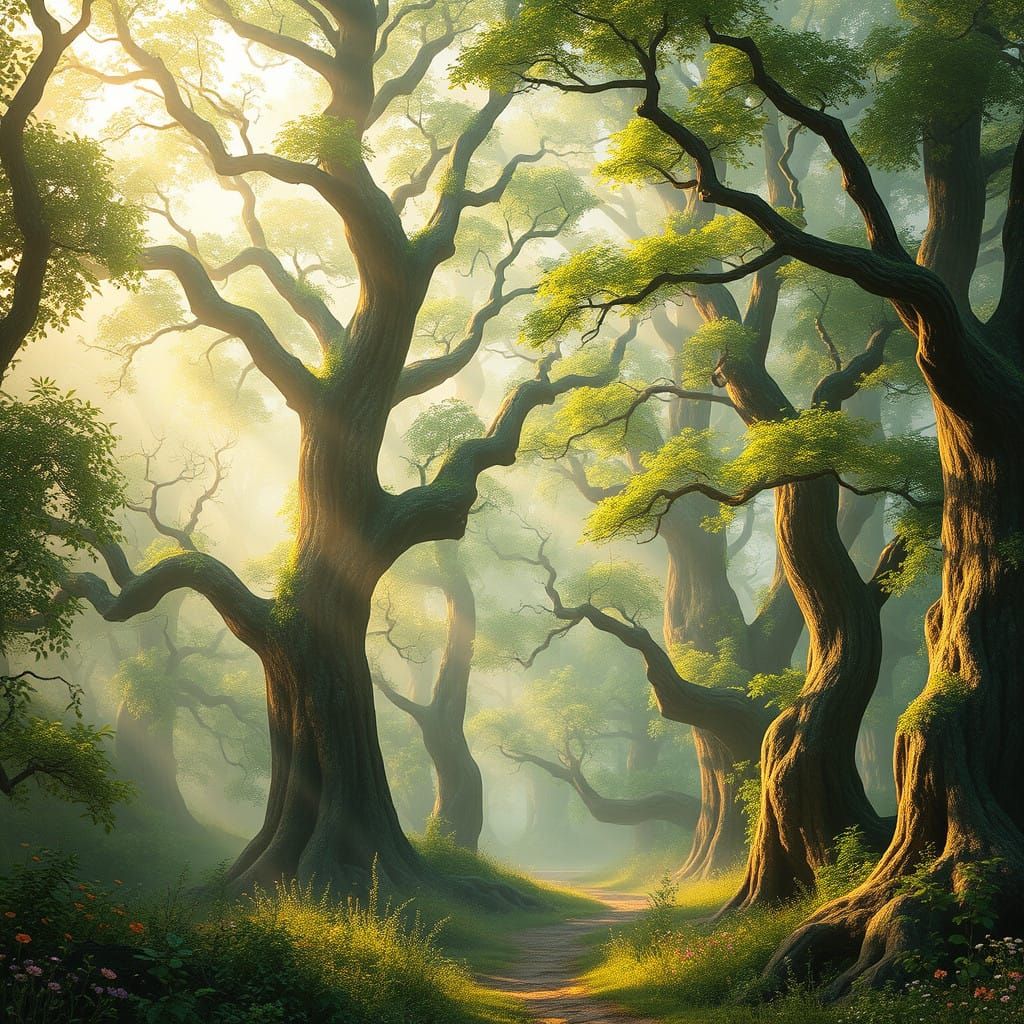 Whispers of an Enchanted Forest in Soft, Ethereal Mist