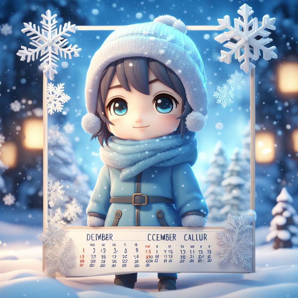 Cute Chibi with December Banner in 3D Anime Style