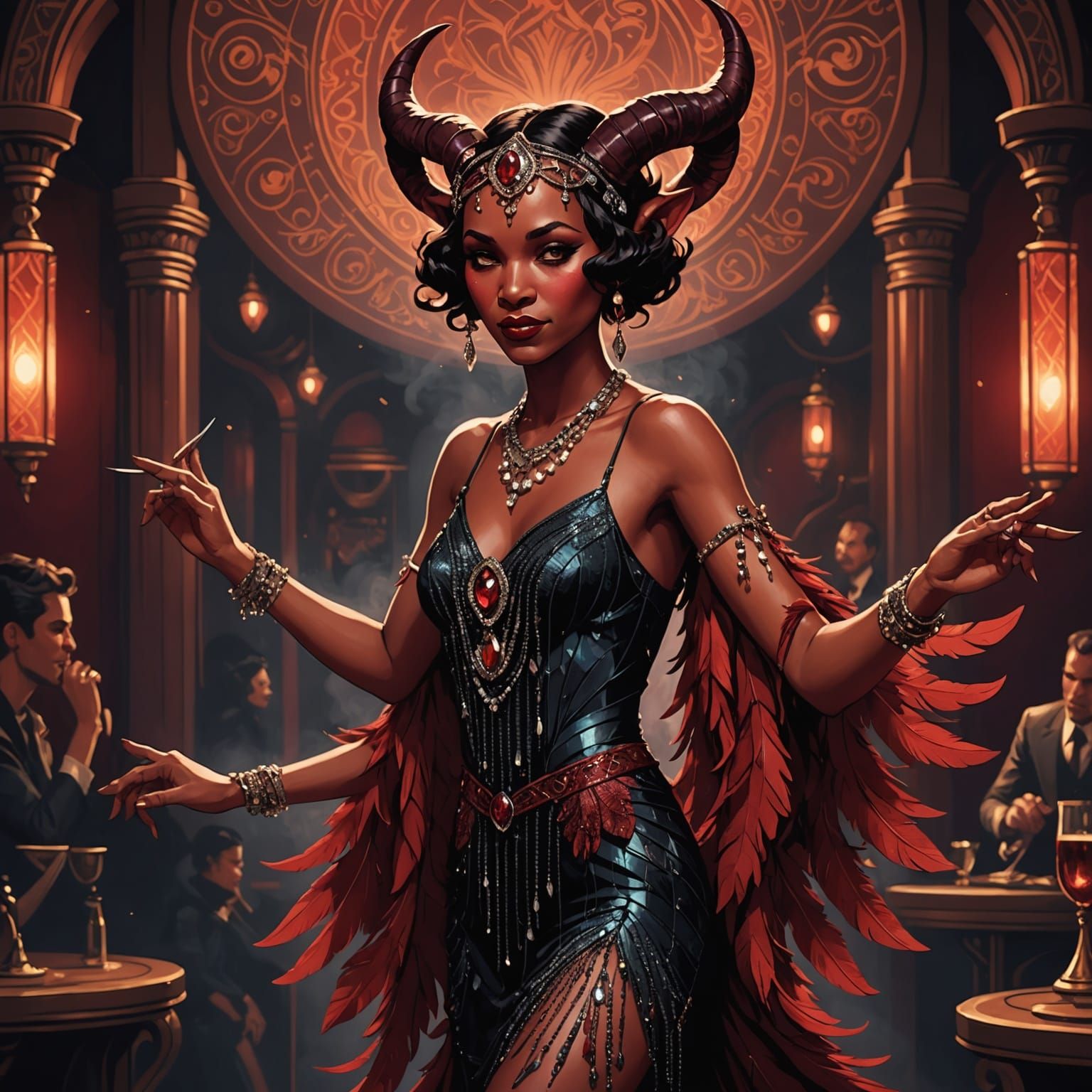 Tiefling Flapper Dances in Speakeasy, Art Nouveau Style