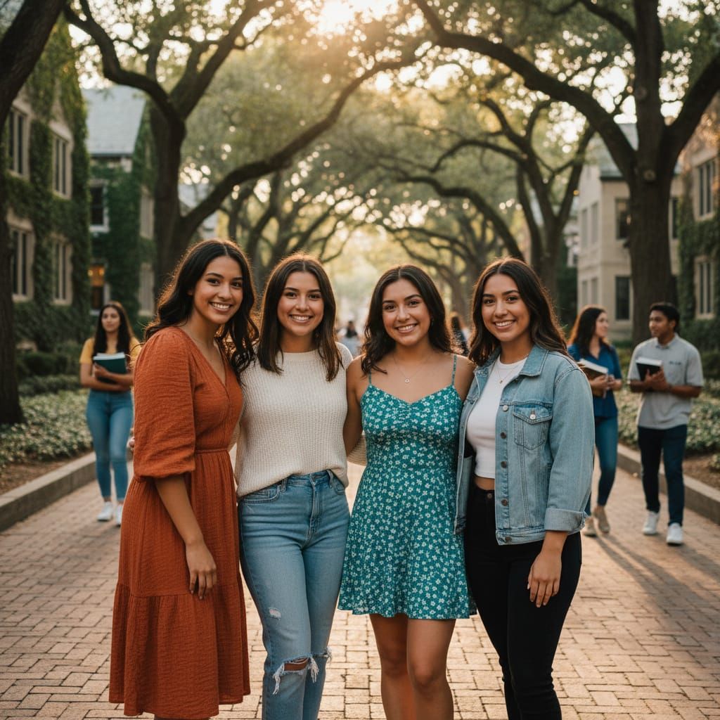 Four Young Women on College Campus at Golden Hour