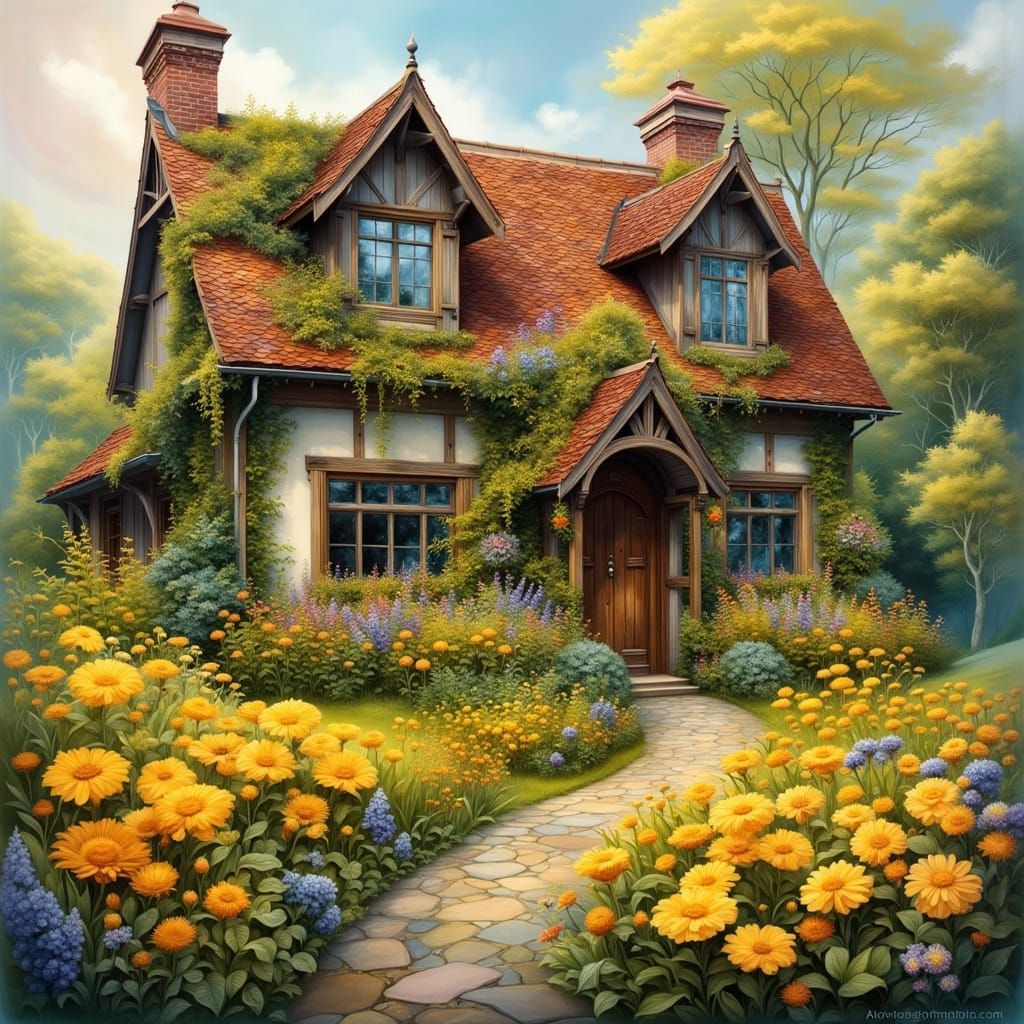 Charming House Surrounded by Vibrant Yellow Garden