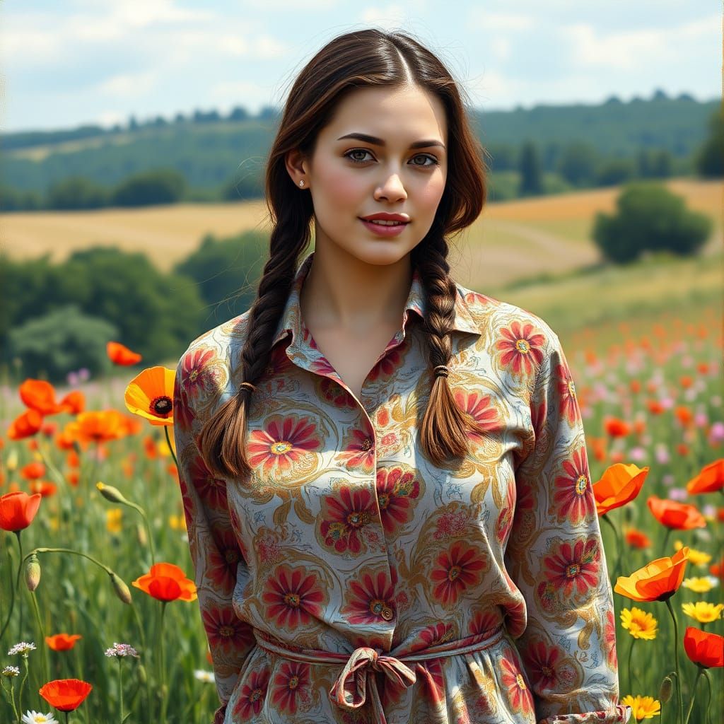 Elegant Summer Lady in a Vibrant Floral Landscape