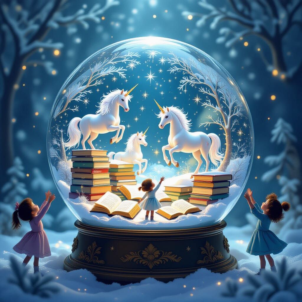 Magical Snow Globe with Unicorns and Books in Storybook Styl...