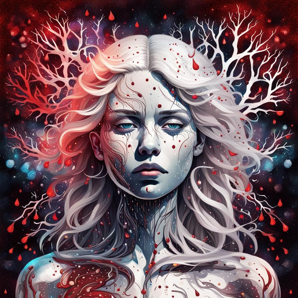 Cosmic Sad Face with Fiery Hair, Mixed Media