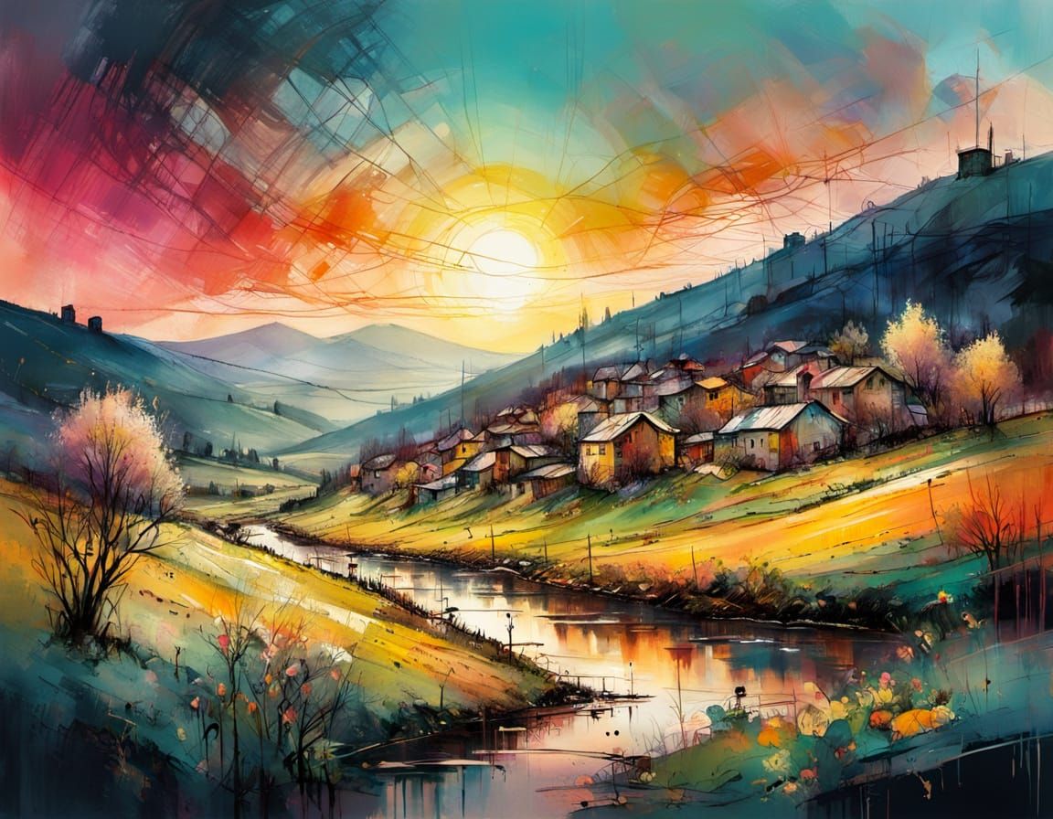 Idyllic Spring Village in Golden Hour Light