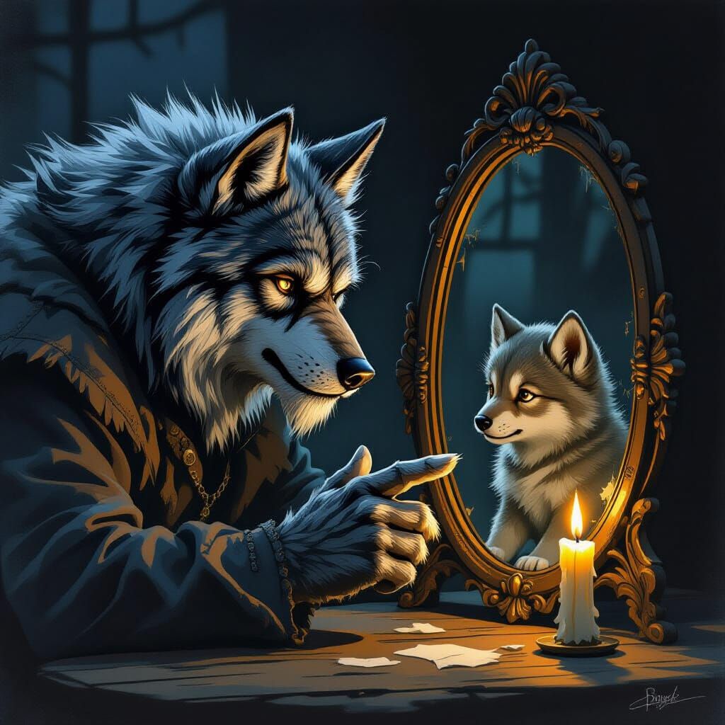 Werewolf Reflects on Life in Dark Fantasy Illustration