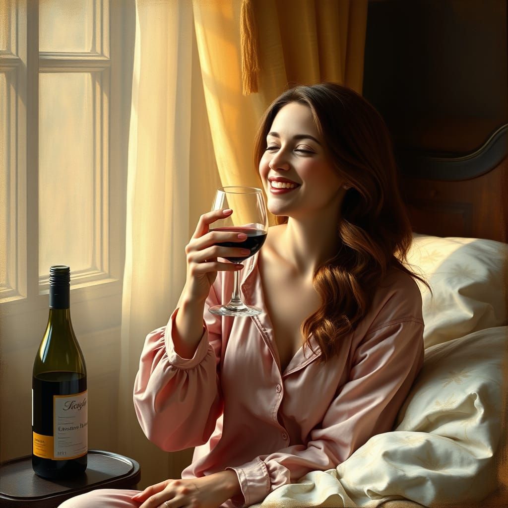 Serene Woman Sipping Wine in Cozy Bedroom