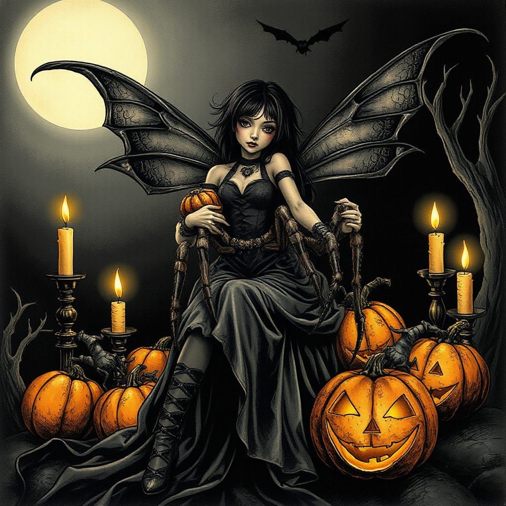 Goth Fairy Tattoo Style with Spider and Gothic Dress