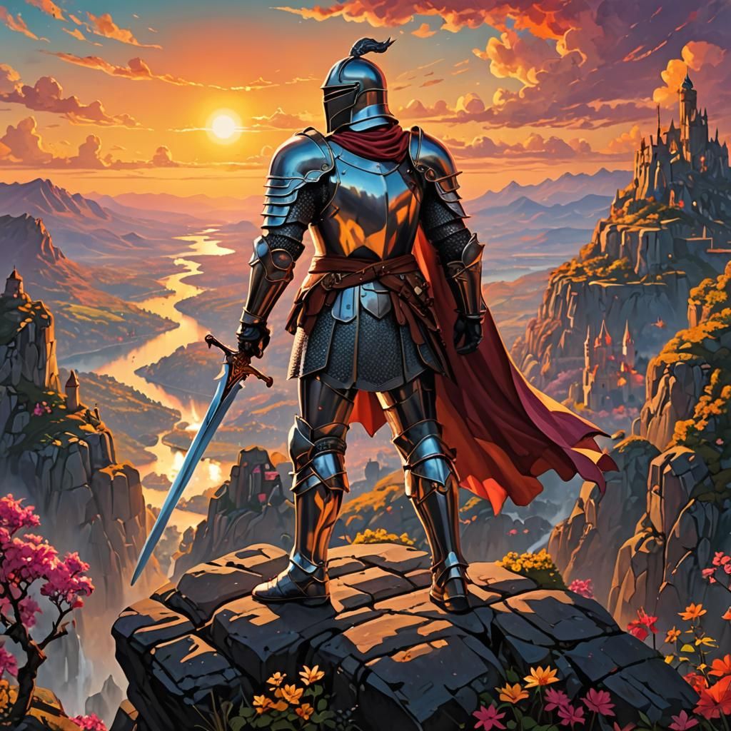 Valiant Knight Overlooking Mystical Kingdom at Sunset