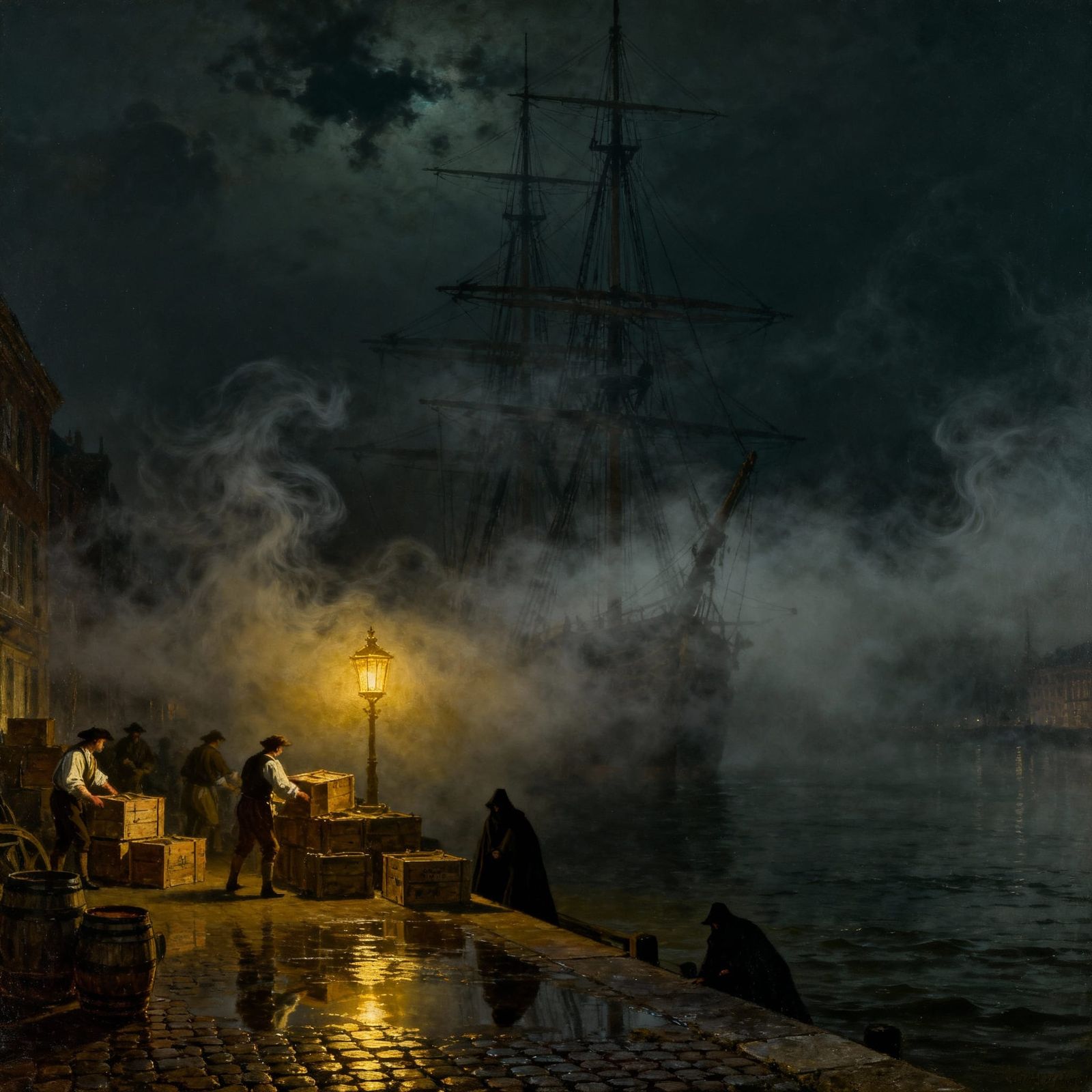 18th Century London Docks at Night