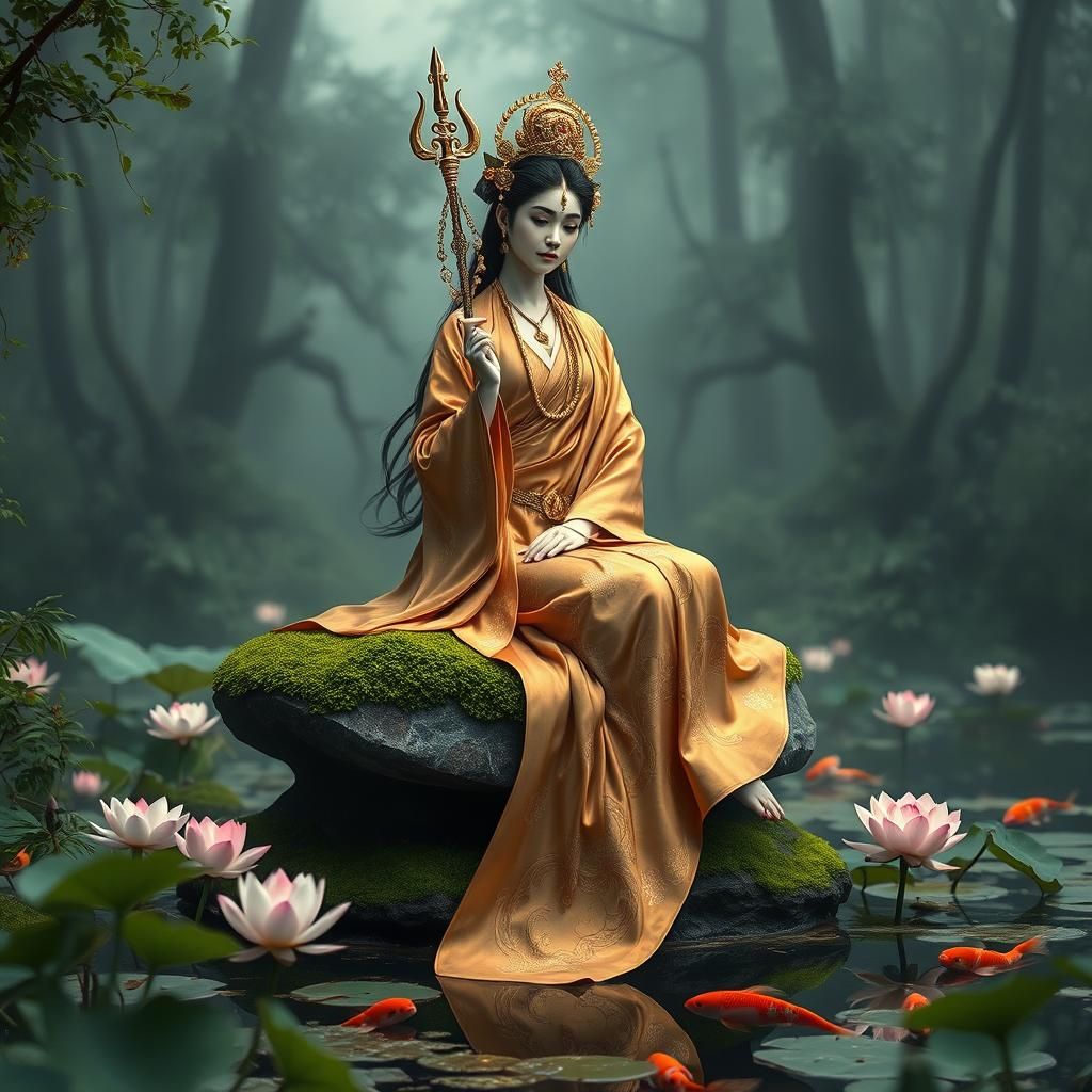 Elegant Japanese Saraswati in Lush Forest