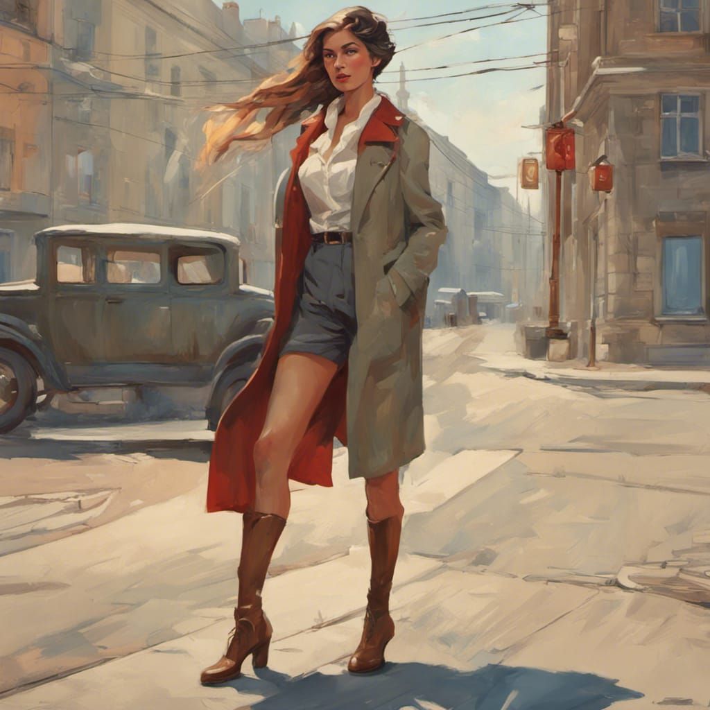 Woman Walking in Soviet Town: Hyperdetailed Art