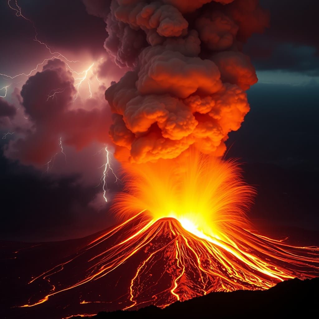 Dramatic Volcanic Eruption at Night