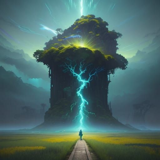 Vibrant Green Fantasy Landscape of Rebirth and Renewal in a...