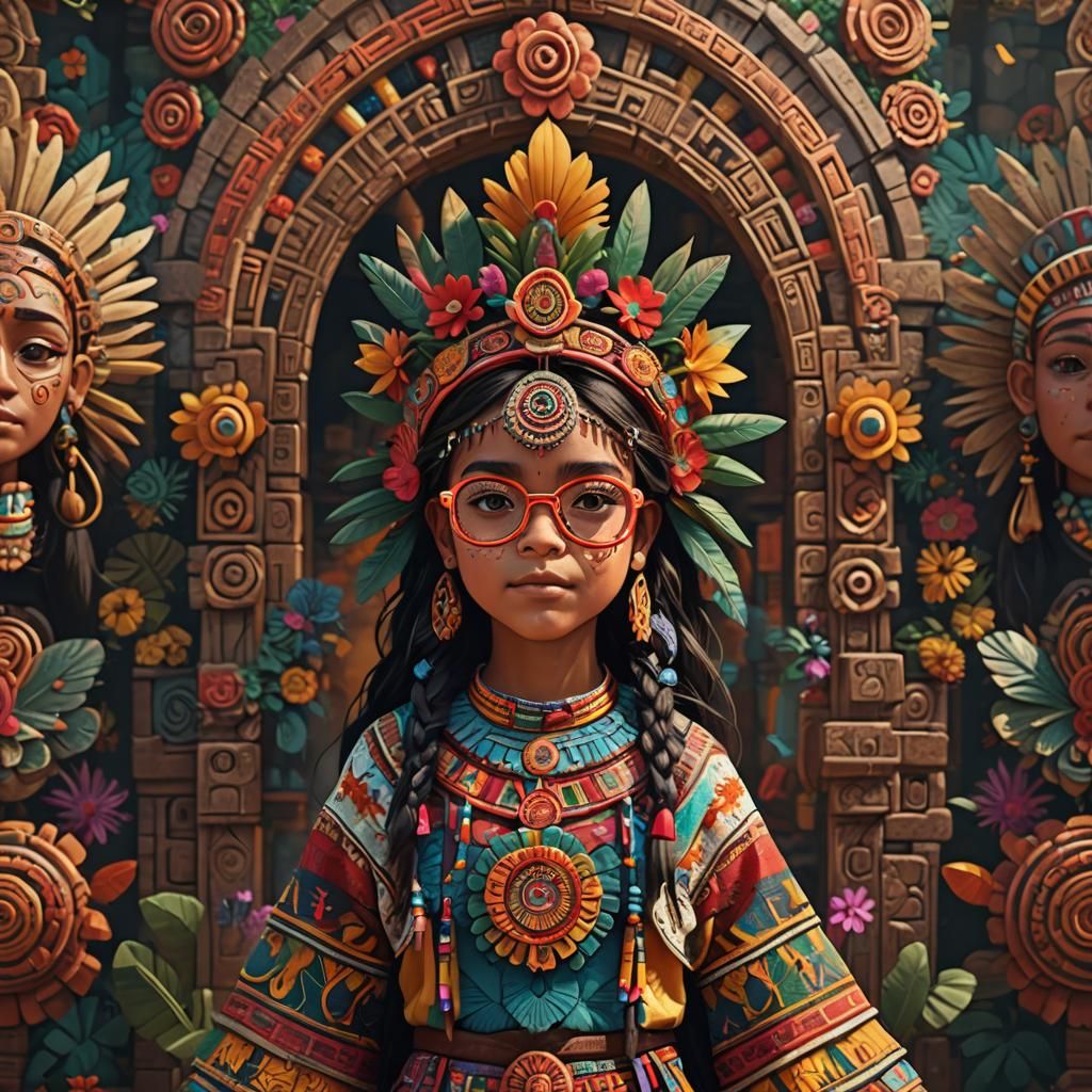 Happy Aztec Girl with Floral Backdrop