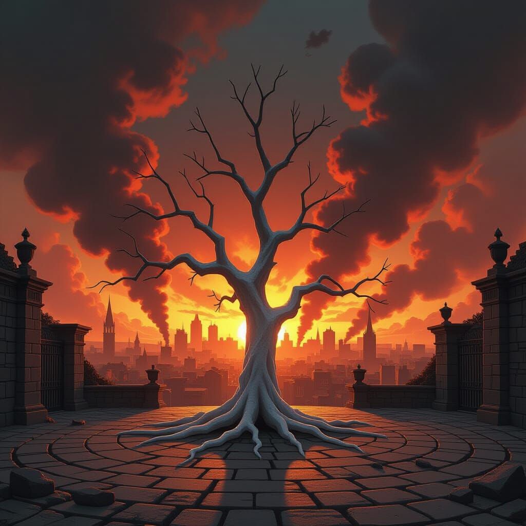 Skeletal White Tree in Burning City Courtyard
