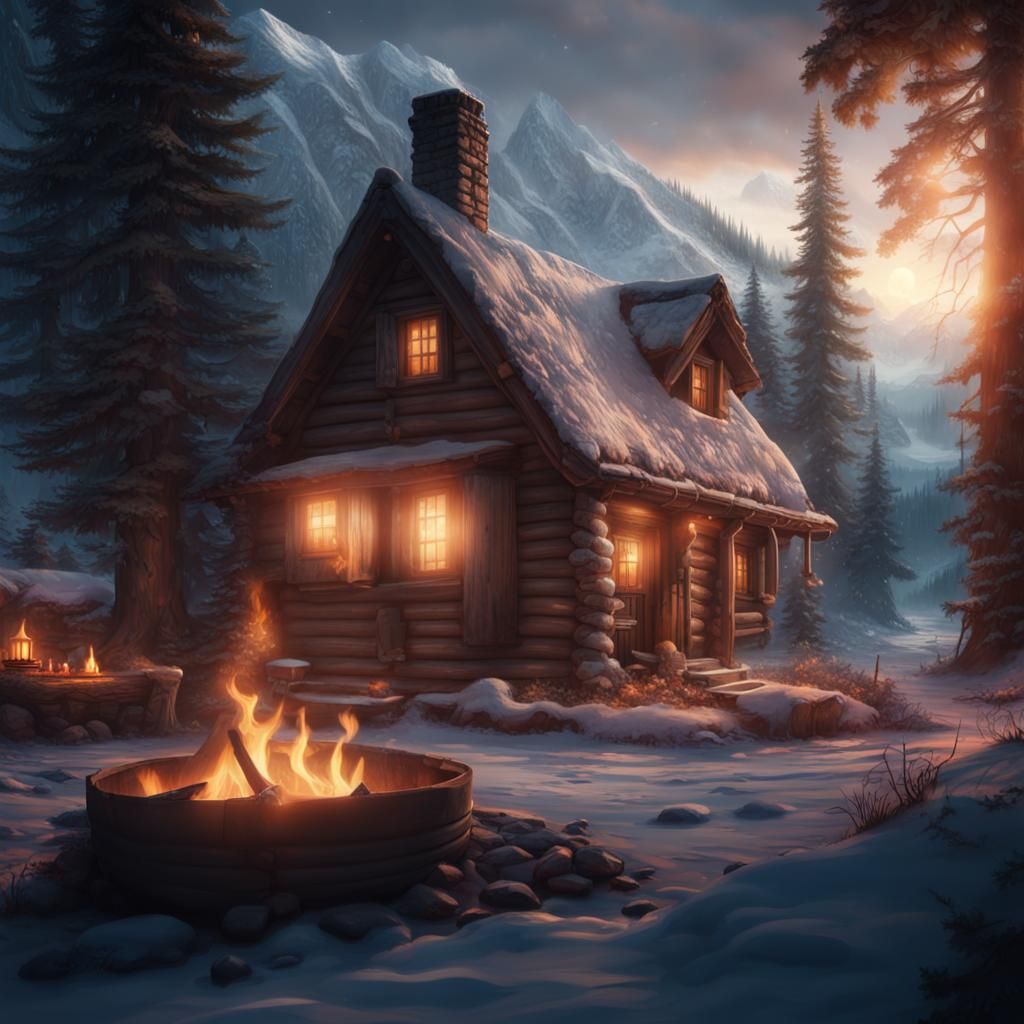 Cozy Wilderness Cabin with Fireplace: Digital Matte Painting