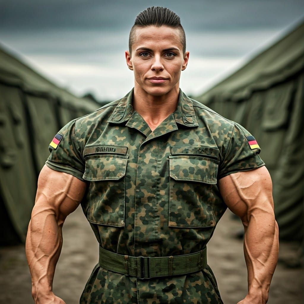 Muscular Female Soldier in Combat Uniform