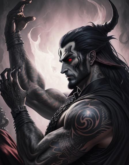 Tattooed Demon Vampire Magician in Dark Fantasy Setting