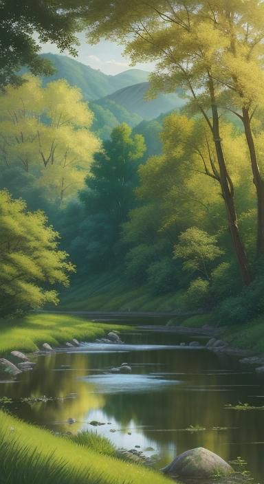 Peaceful River Landscape in Golden Sunlight