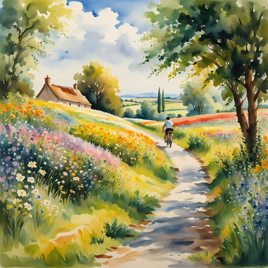 Idyllic Summer Country Lane in Watercolour Style