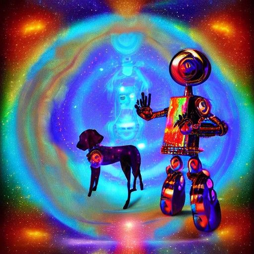 Robot and Dog Dancing: Cosmic Holographic Illustration