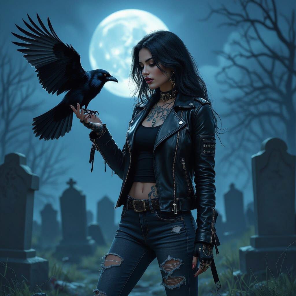 Tattooed Witch Summons Raven in Cemetery, Dark Fantasy