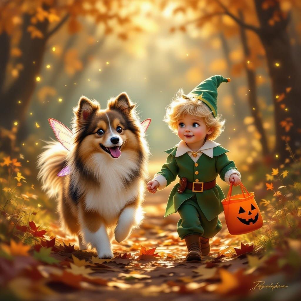 Sheltie-Pomeranian Dog and Boy in Magical Autumn Forest