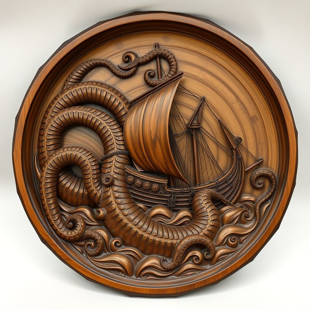 Kraken Attack on Longship in Ominous Carving Style