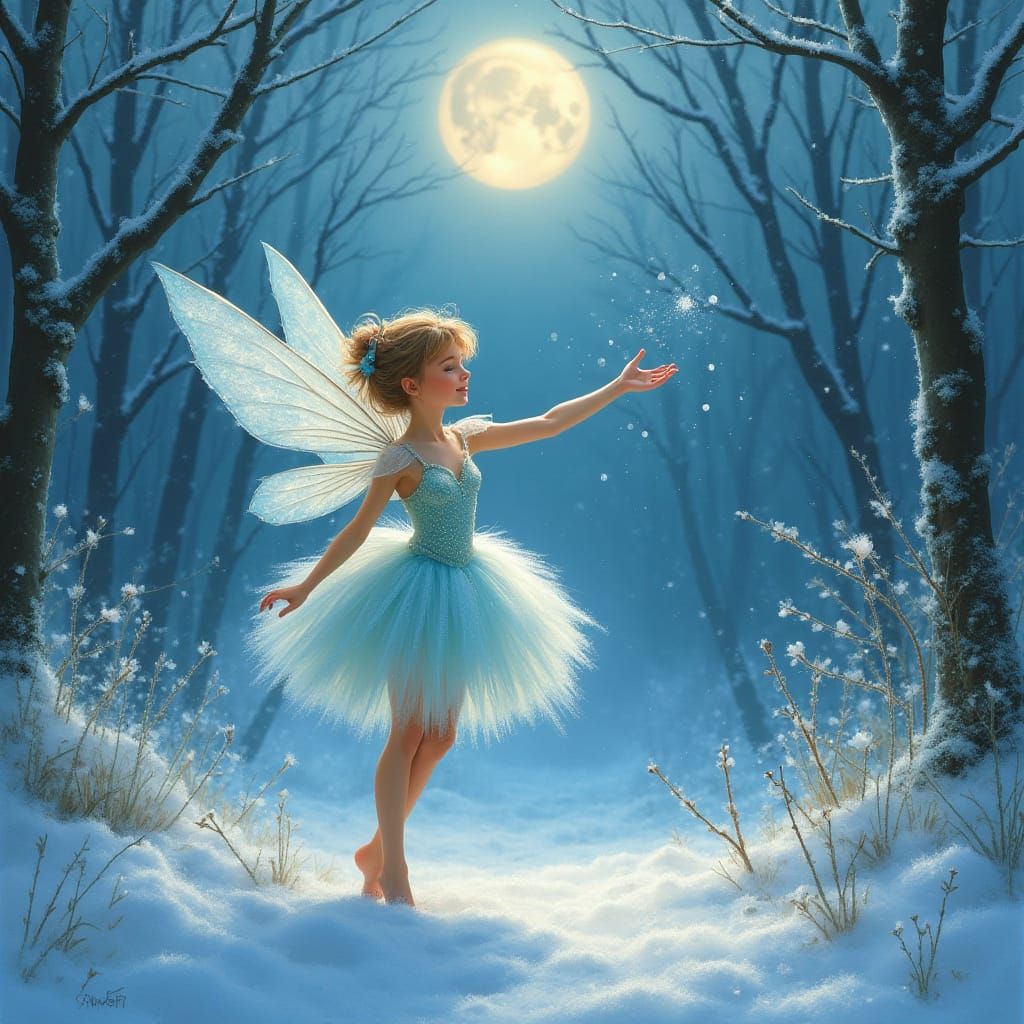 Ethereal Frost Fairy in Snowy Forest under Full Moon
