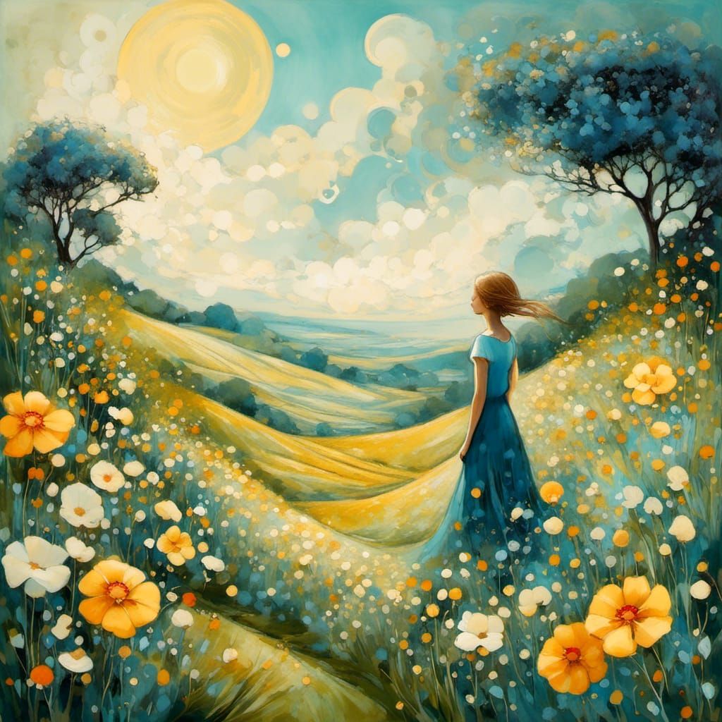 Girl in Garden Illustration with Fractal Elements