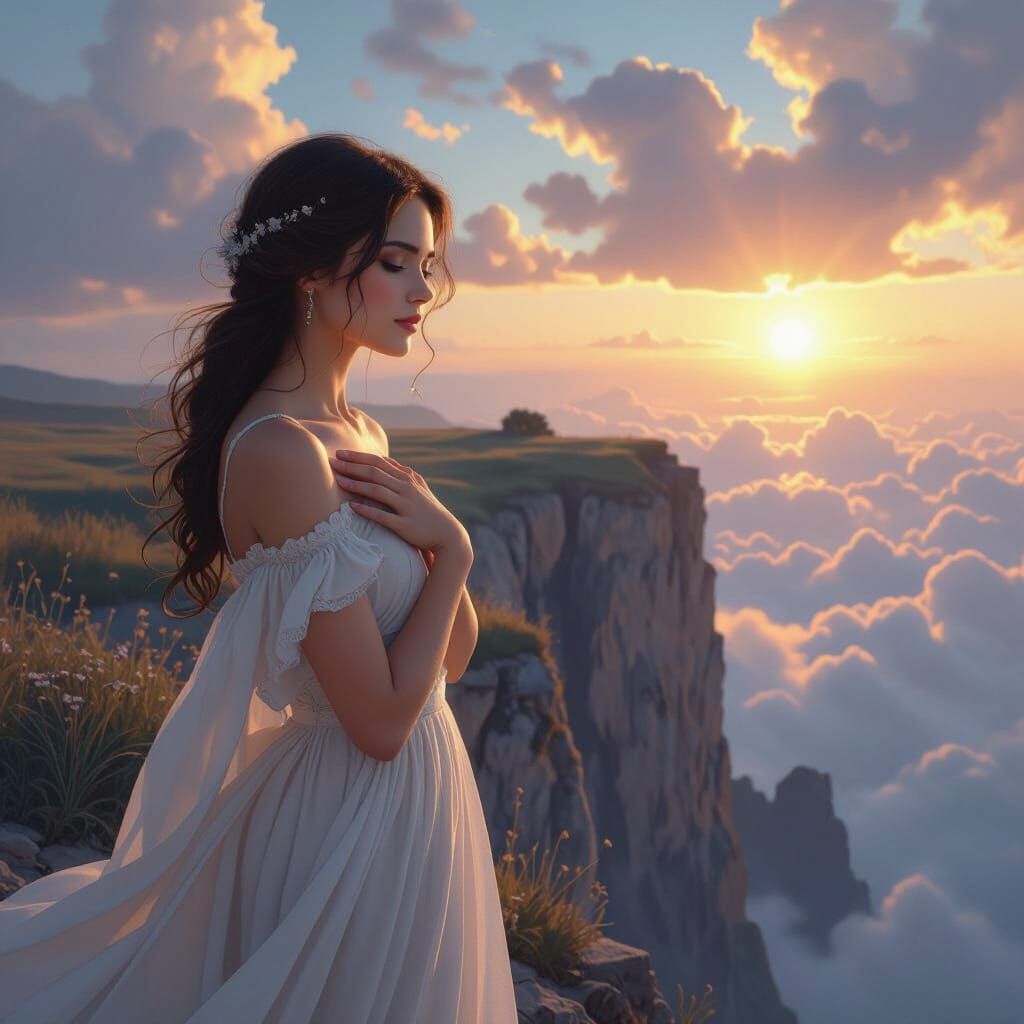 A young woman standing at a cliff, gazing in the depth, battling with herself. A teardrop sliding down her cheeck and at...