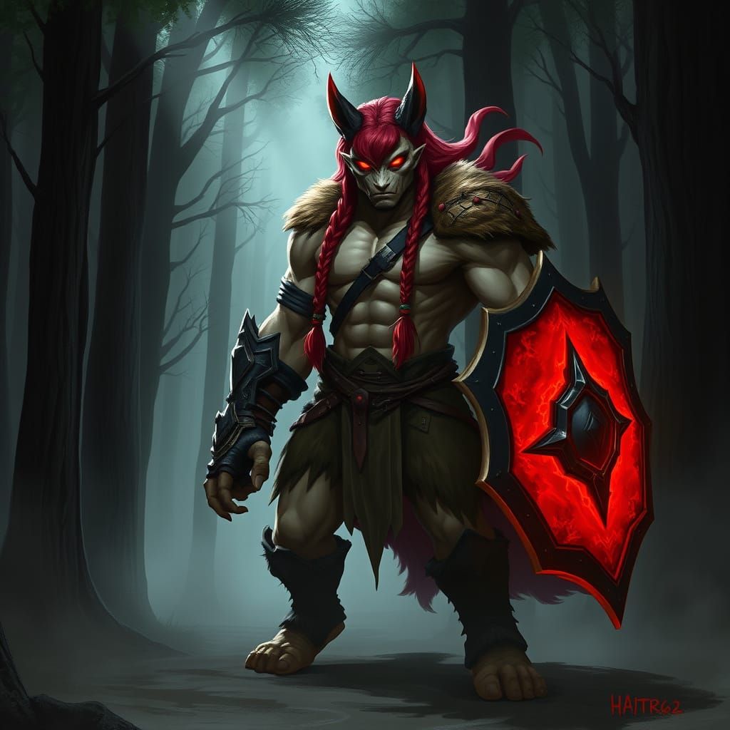 Menacing Animalistic Warrior in Misty Forest