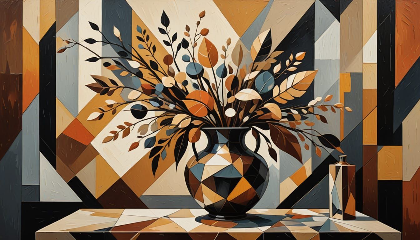 Stylized Botanical Arrangement in Geometric Art Nouveau Vase