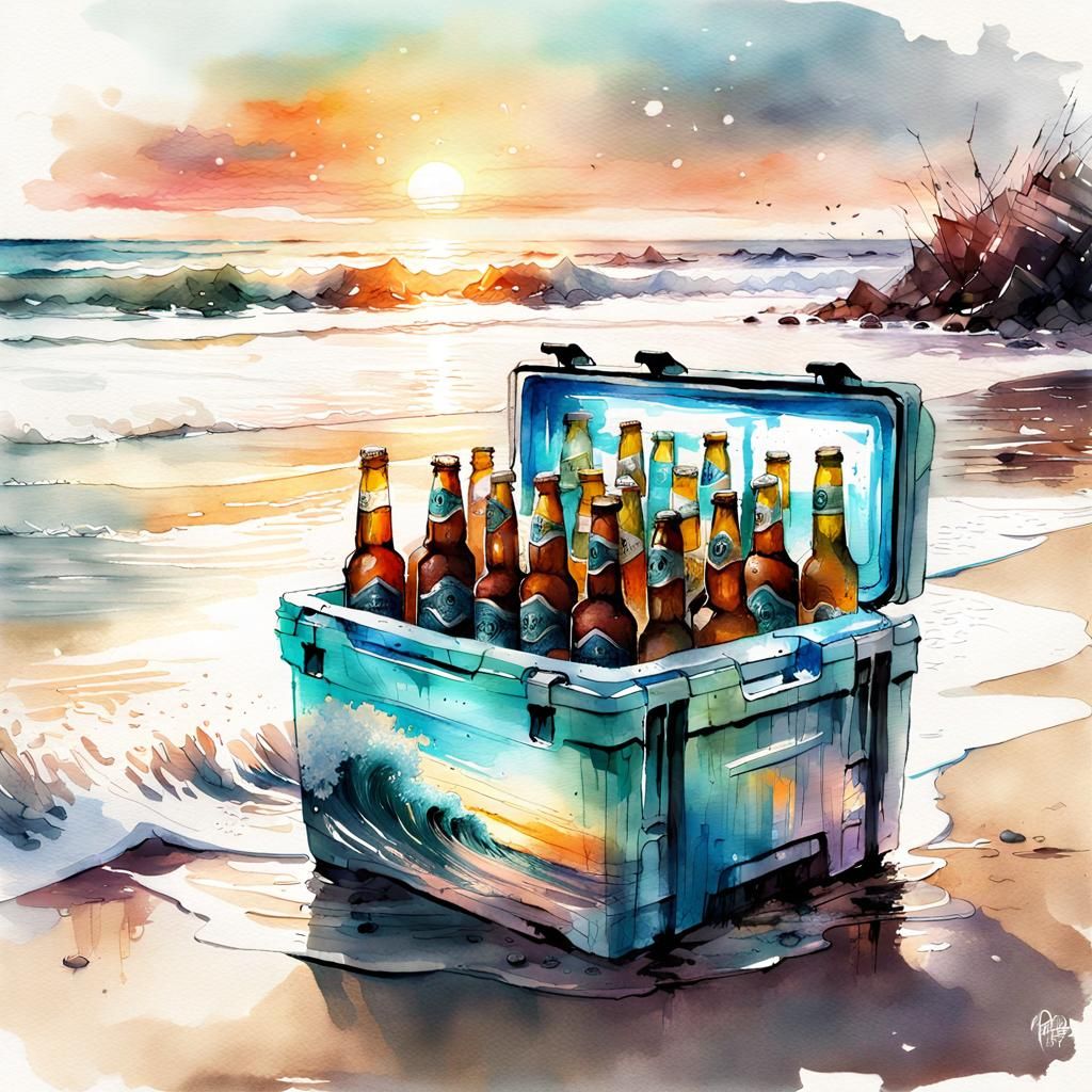 Magnificent Cooler of Beers on Beach in Watercolor