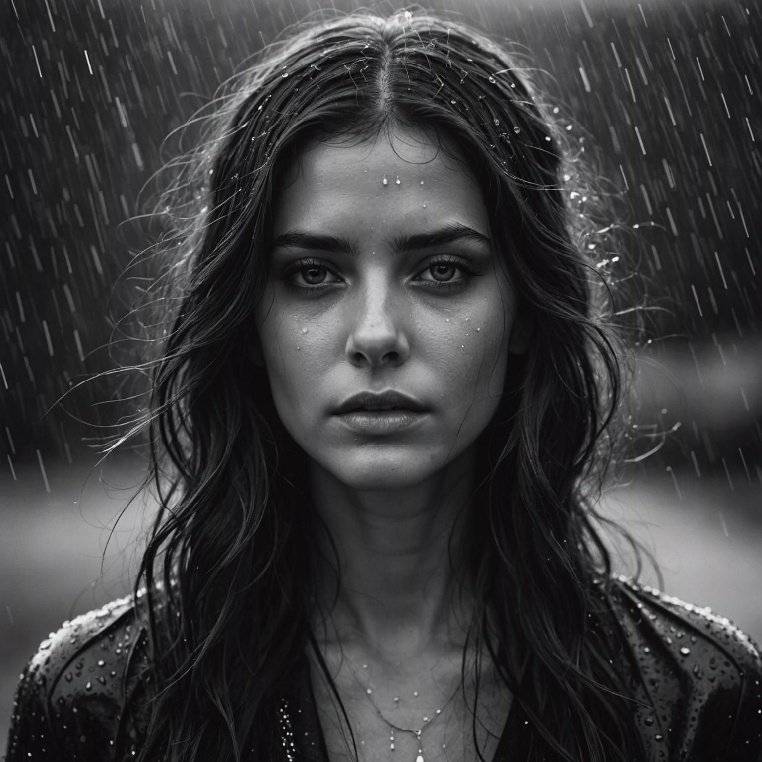 Monochrome Portrait of Woman in Silver Rain