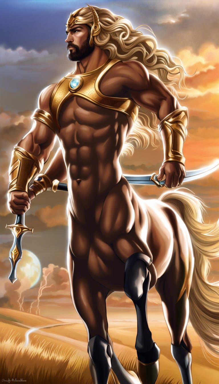 Armored Centaur Archer Galloping at Sunset