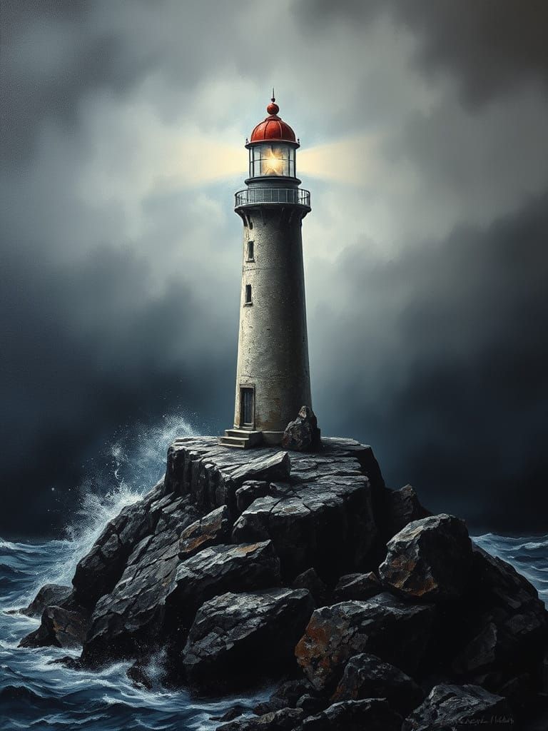 Stormy Lighthouse Oil Painting