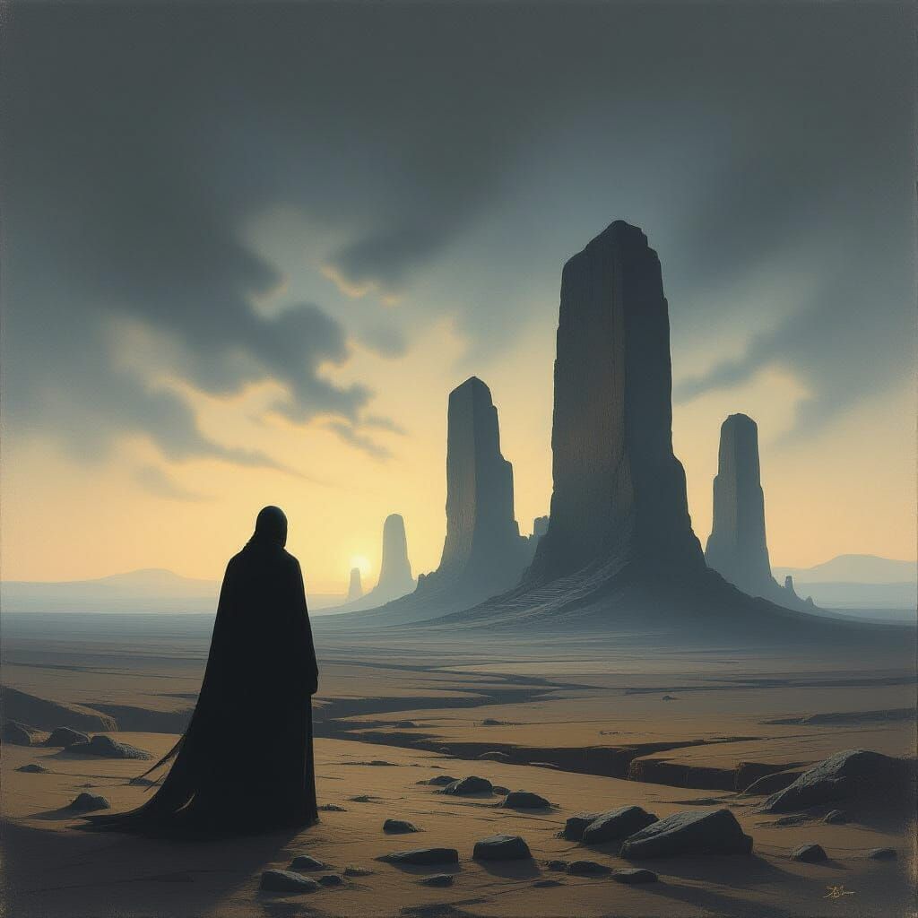 Figure Contemplates Silent Ruins in Dark Surrealist Style