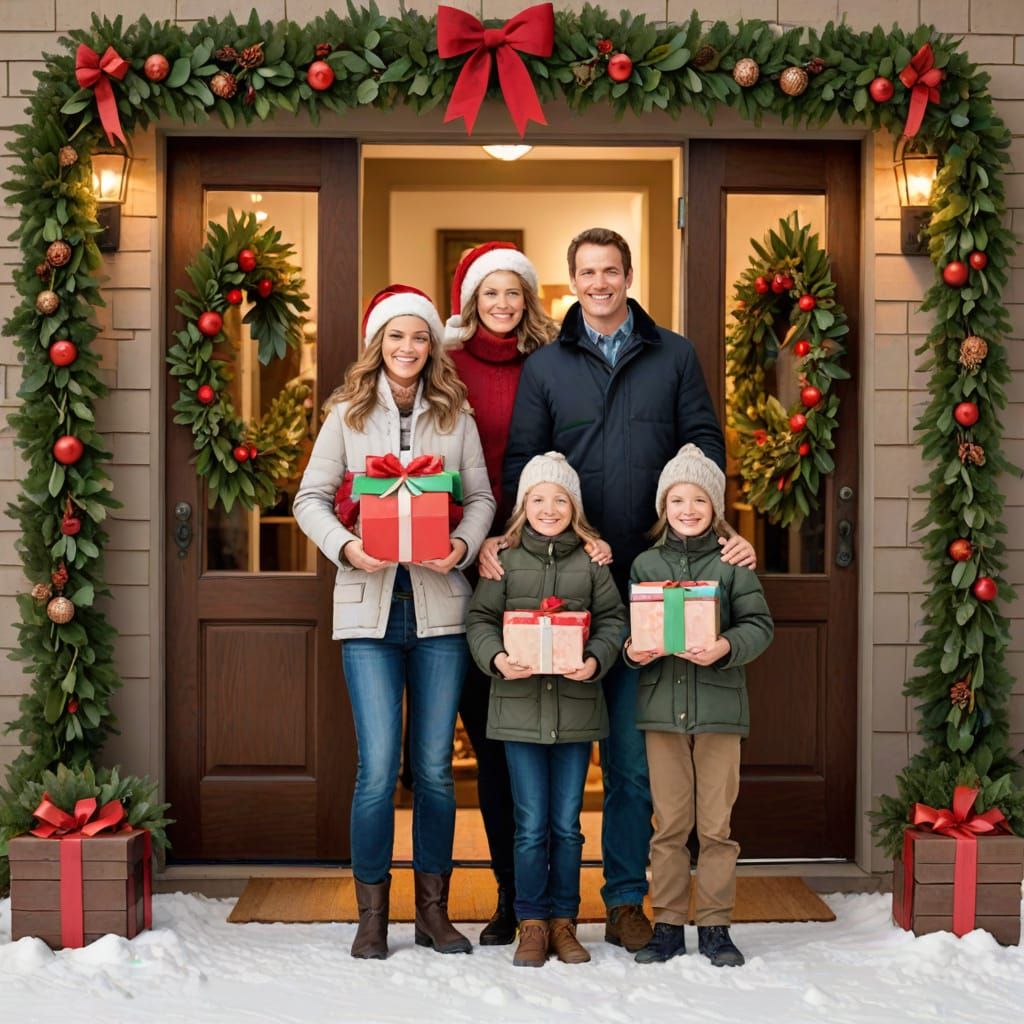 Winter scene, family photo, Christmas card. A family with ea...