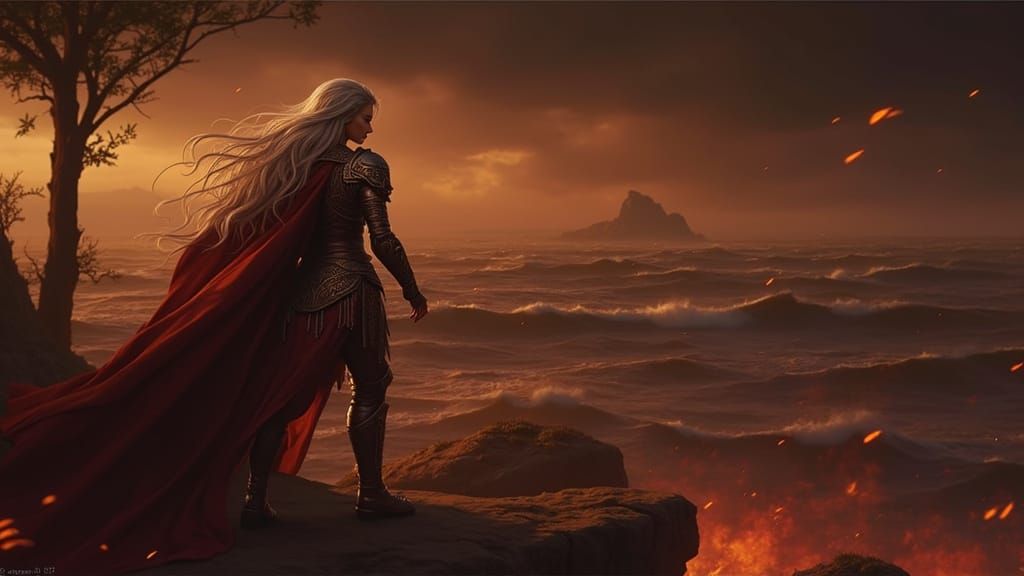 Warrior Woman on Cliff Overlooking Stormy Sea