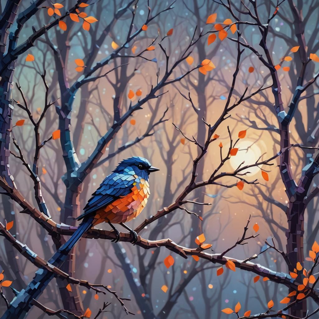 Pixelated Bird on Winter Tree Branch