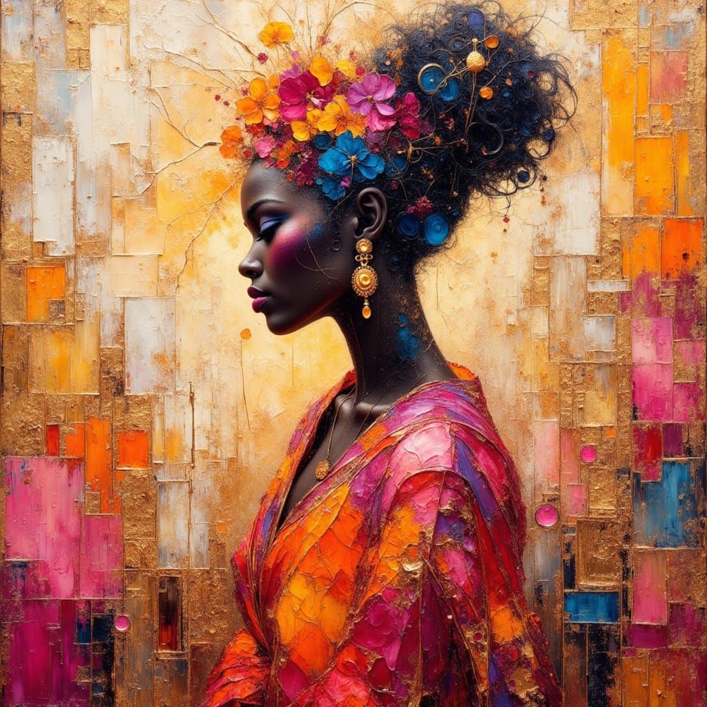 African Princess Silhouette with Encaustic and Impasto Eleme...