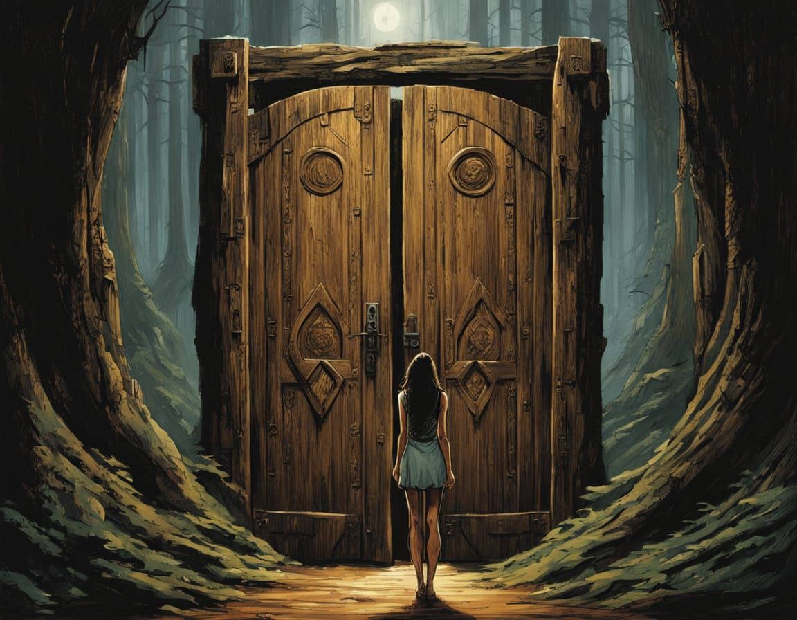 Girl Faces Mountain Doors in Dark Woods Fantasy Art