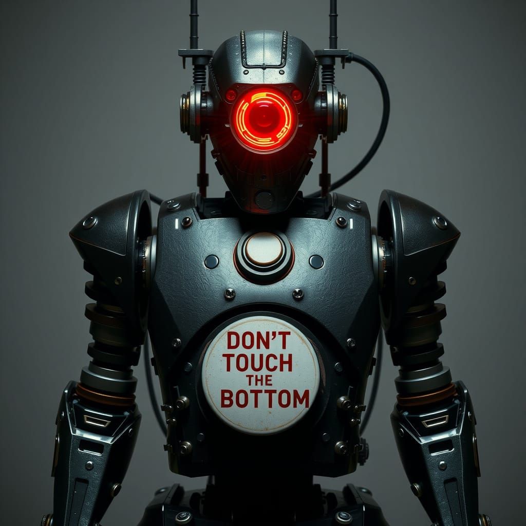 Menacing Industrial Robot with Red Optical Sensor and Warnin...