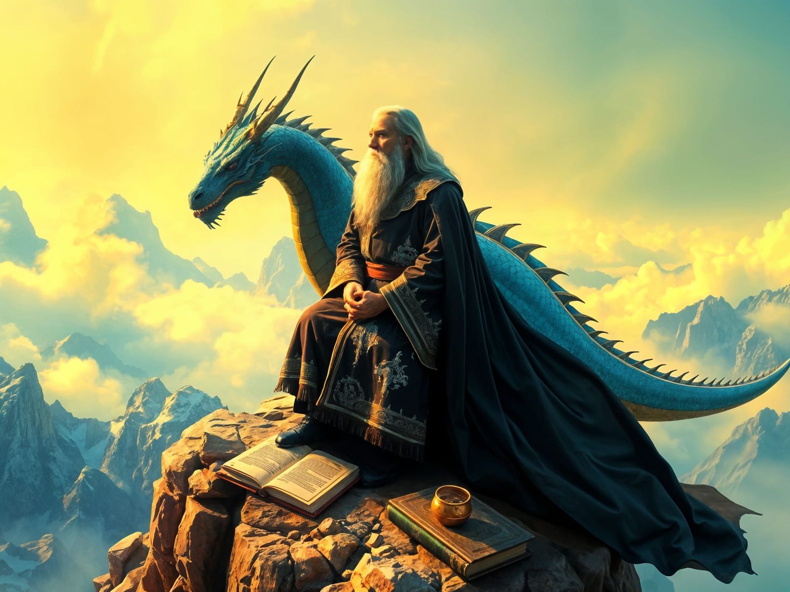 Majestic Wizard and Dragon Contemplate Existence in Ethereal...