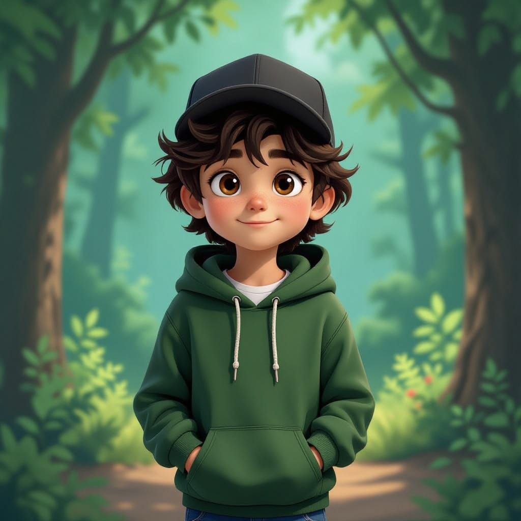 12-year-old boy with wavy dark brown hair falling across his forehead and warm brown eyes, wearing a forest green hoodie...