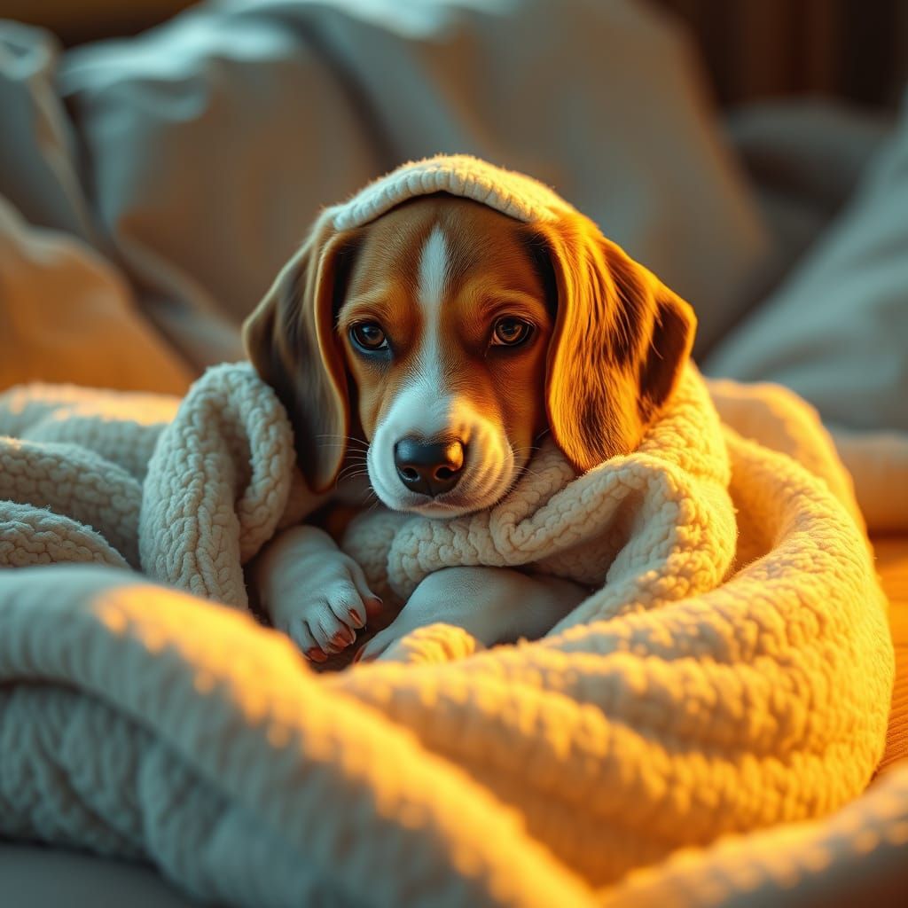 Beagle Cradled in Blanket, Fantasy Concept Art