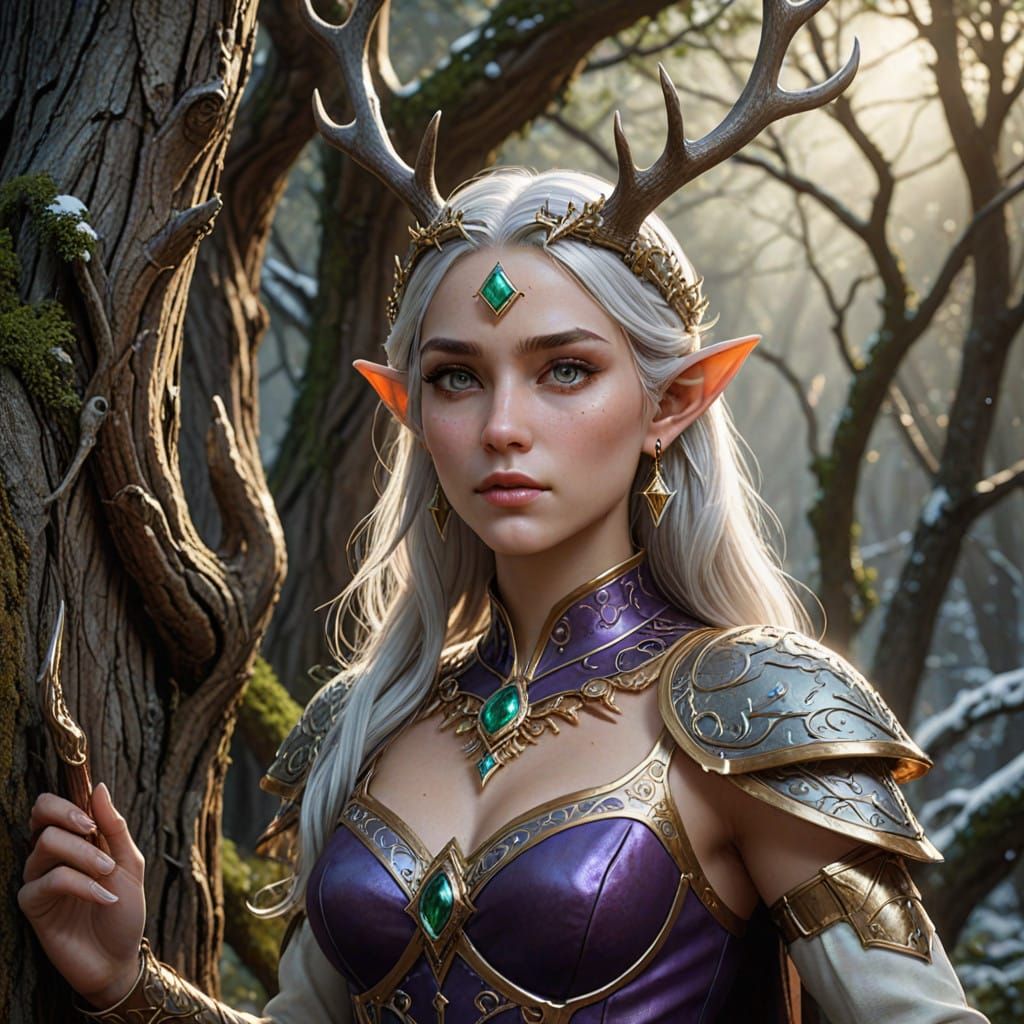 Elegant Elf Queen Takes Aim at Regal Reindeer in Moonlit For...