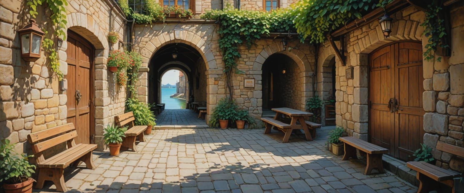 Folk Art Passageway with Sunlight and Water